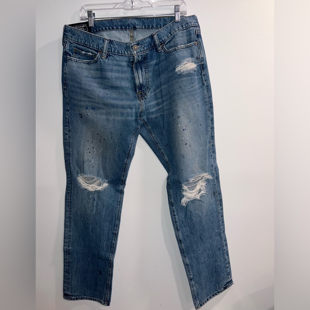Abercrombie & Fitch Jeans Size 34X32 Blue Langdon Paint Splatter Slim Distressed